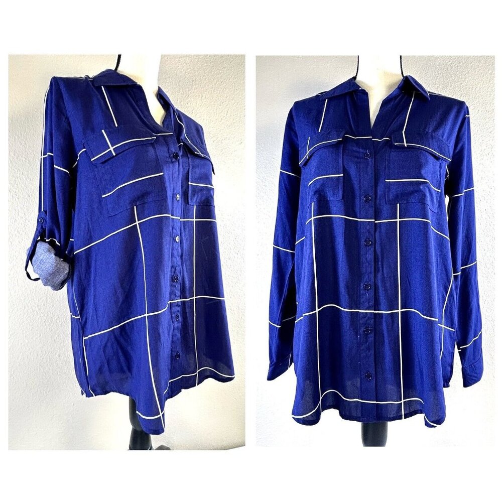 Milk & Honey Blouse Blue White Stripes Roll Tab Long Sleeve Pockets Button M EUC